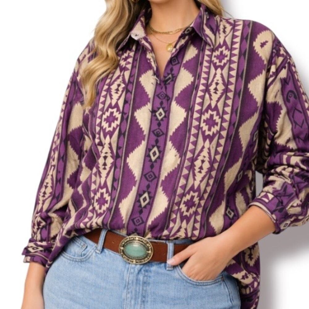 Vintage Roper Purple Southwestern Shirt Western Button Up Boho Cowgirl Rustic‎